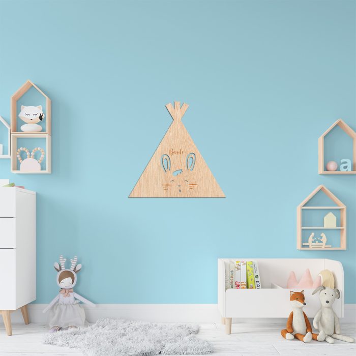 Décoration murale tipi lapin personnalisée en bois pour chambre d'enfant, naissance, baptême, baby shower