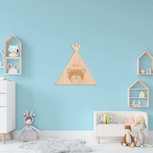 Décoration murale tipi ours personnalisée en bois pour chambre d'enfant, naissance, baptême, baby shower