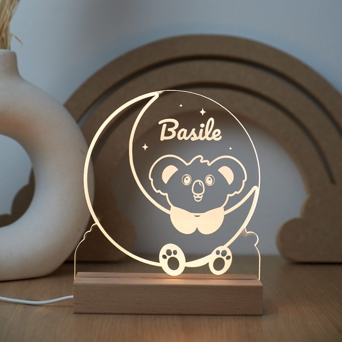 Lampe veilleuse koala personnalisée LED blanc en bois et plexiglas