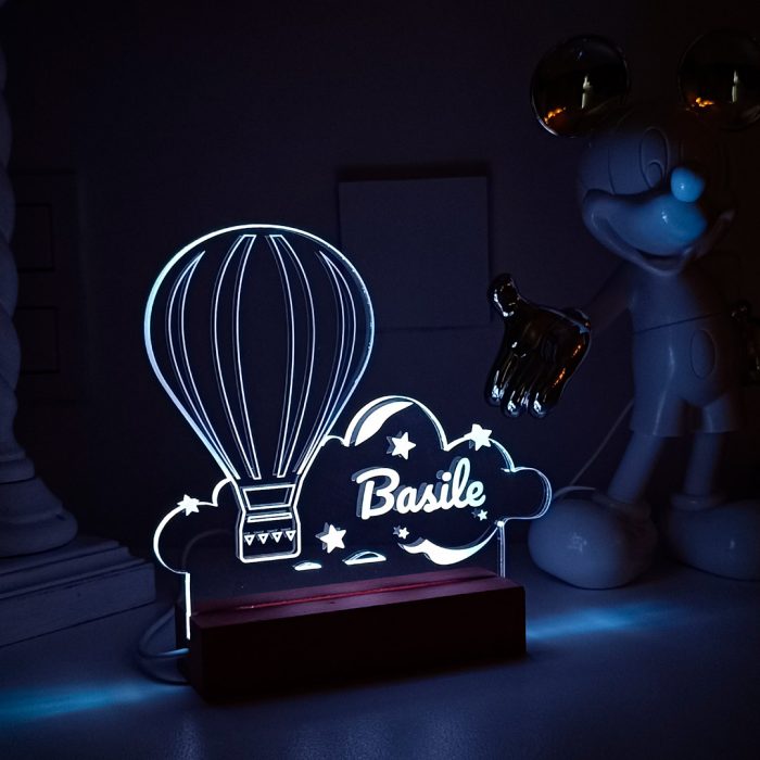 Lampe veilleuse montgolfière personnalisée LED blanc en bois et plexiglas